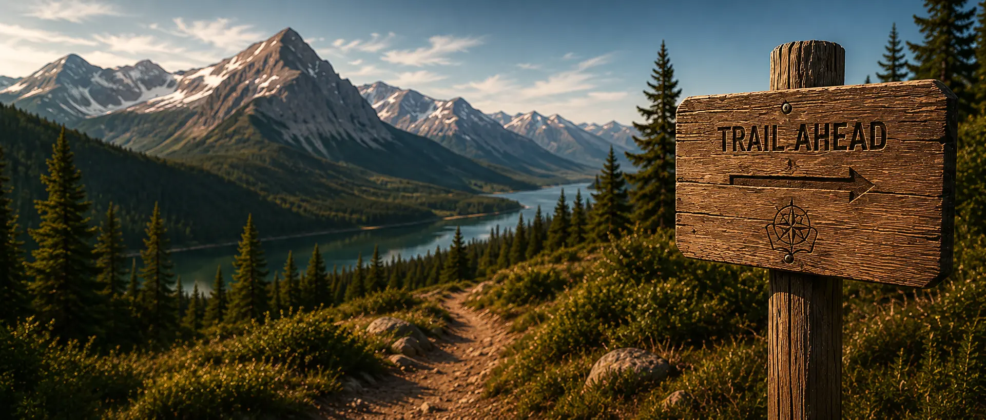 A mountain trail beside a wooden Trail Ahead sign