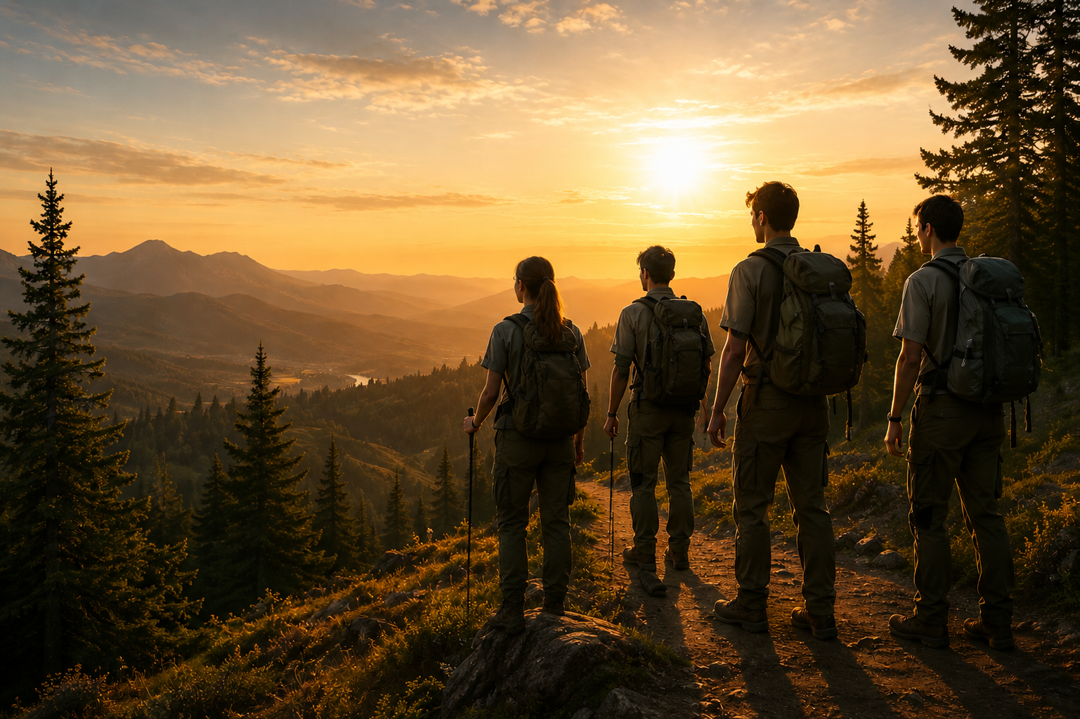 Scouts overlooking a valley at sunset