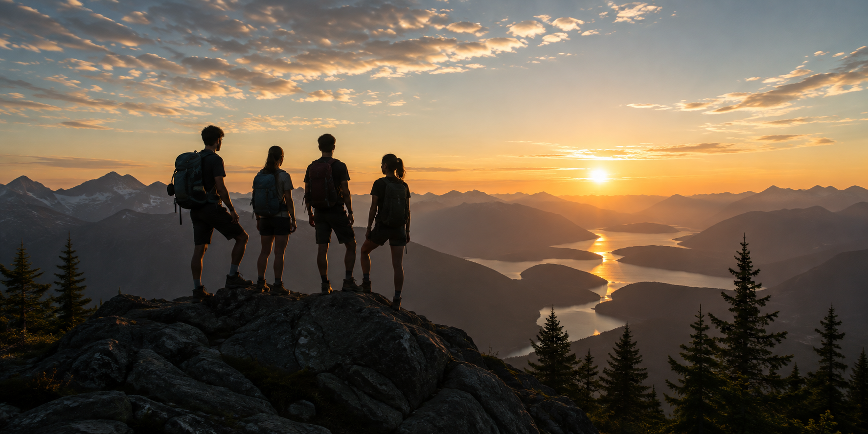 A group of young hikers standing together on a mountain summit at sunset
